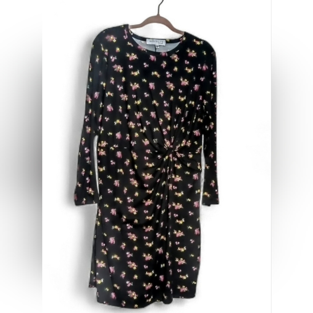 Black Floral Long Sleeve Dress Twist Front Size 2X Mini Romantic Cottagecore